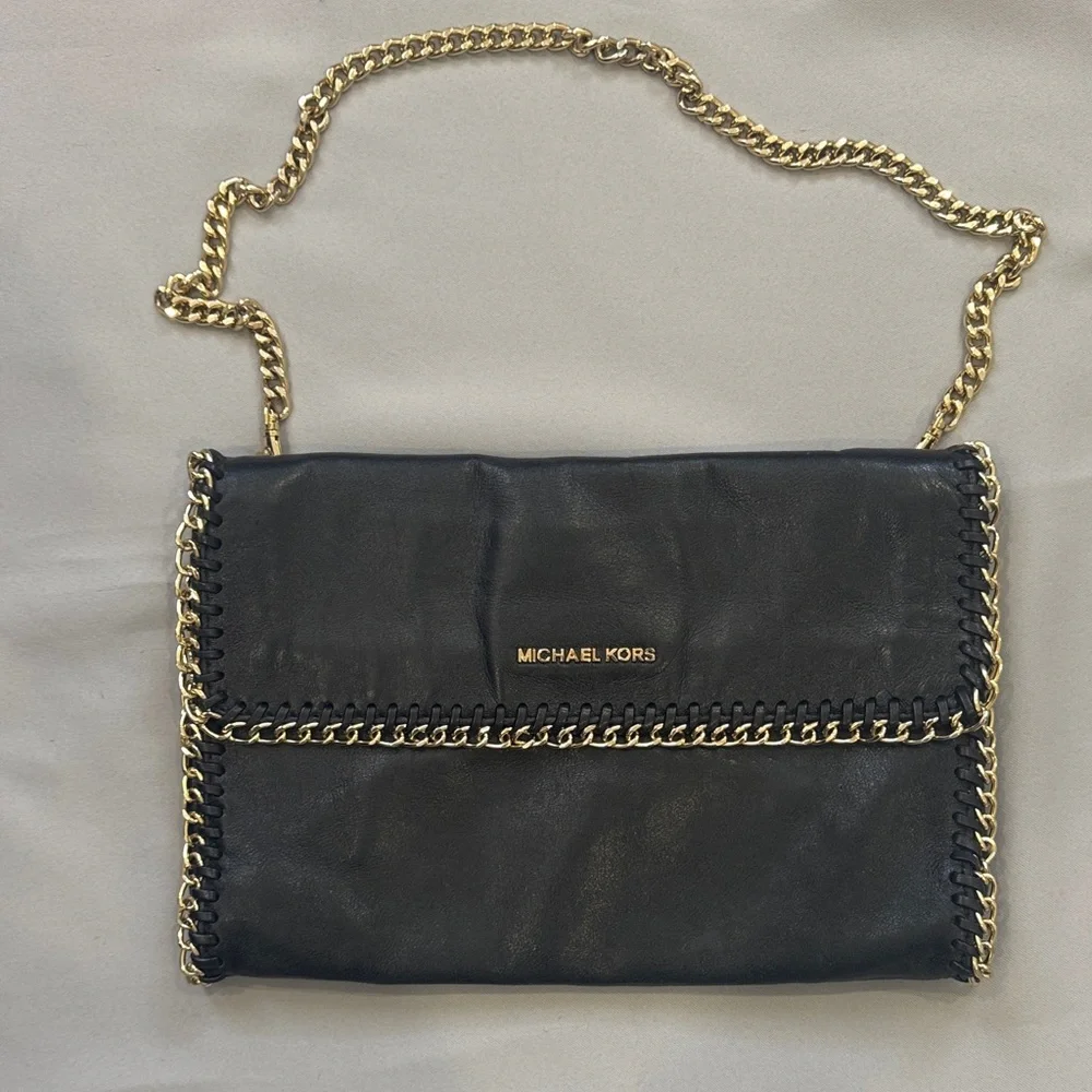 Michael Kors Black Leather Shoulder Bag with Gold Chain and Gold Accents